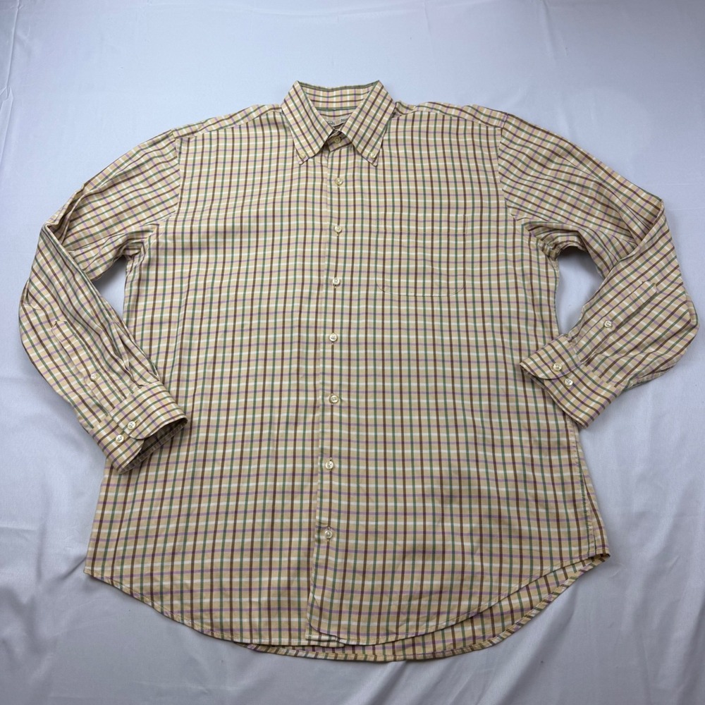 Peter Millar Button Down Shirt Mens Large Yellow Tattersall Plaid Long Sleeve